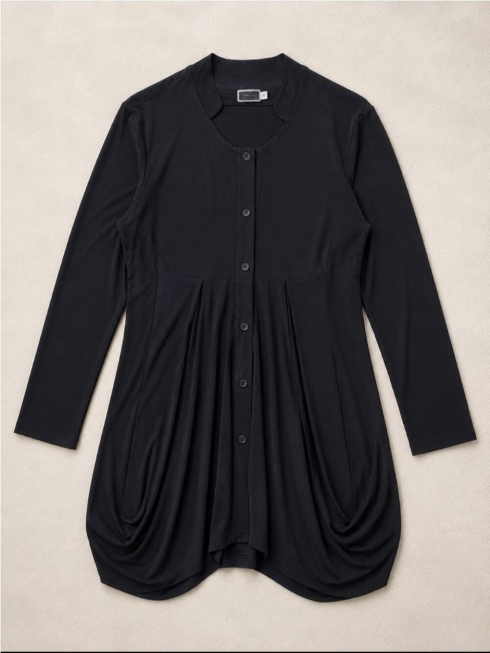 Sympli Button Front Tunic Dress Woman 14 Black Pockets Ruched Hem Stretch Travel
